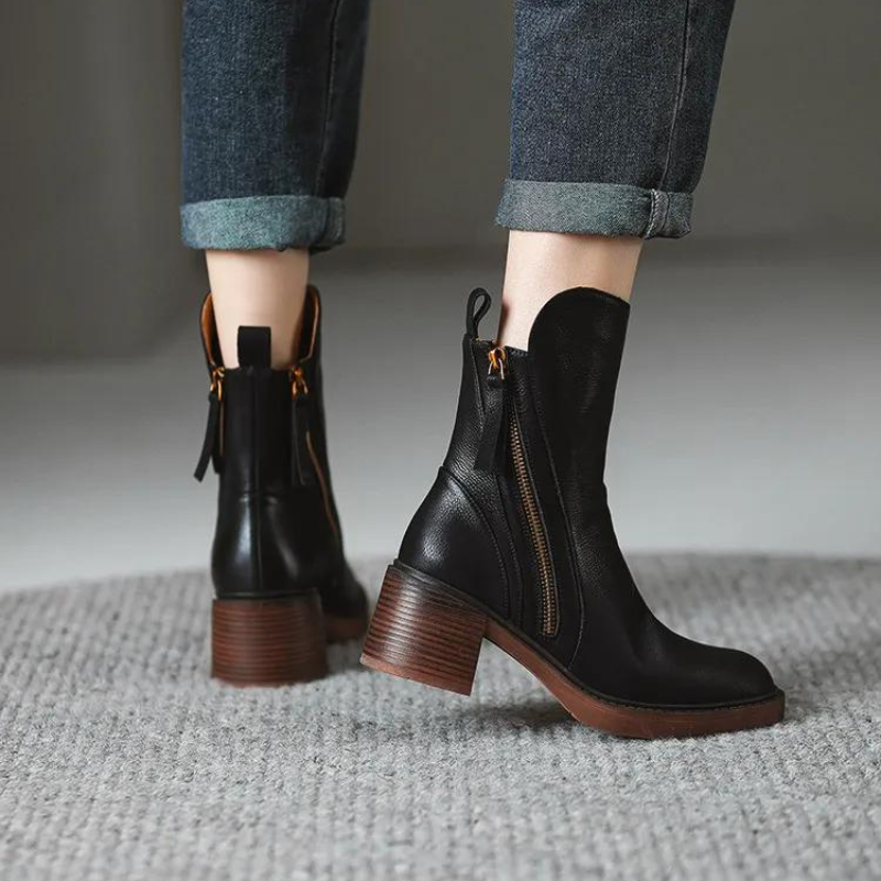 Bottes à Talon Carré en Cuir Véritable – Style et Qualité Assurée - levendeure